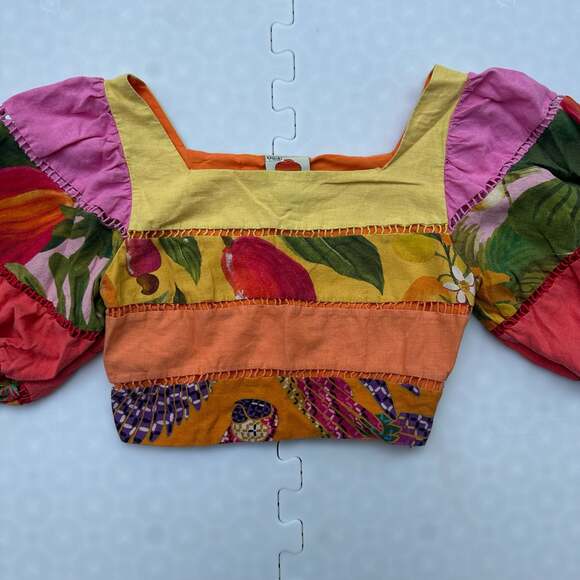FARM Rio Tops - FARM Rio Rainbow Mixed Print Tiered Puff Sleeve Crop Top, small